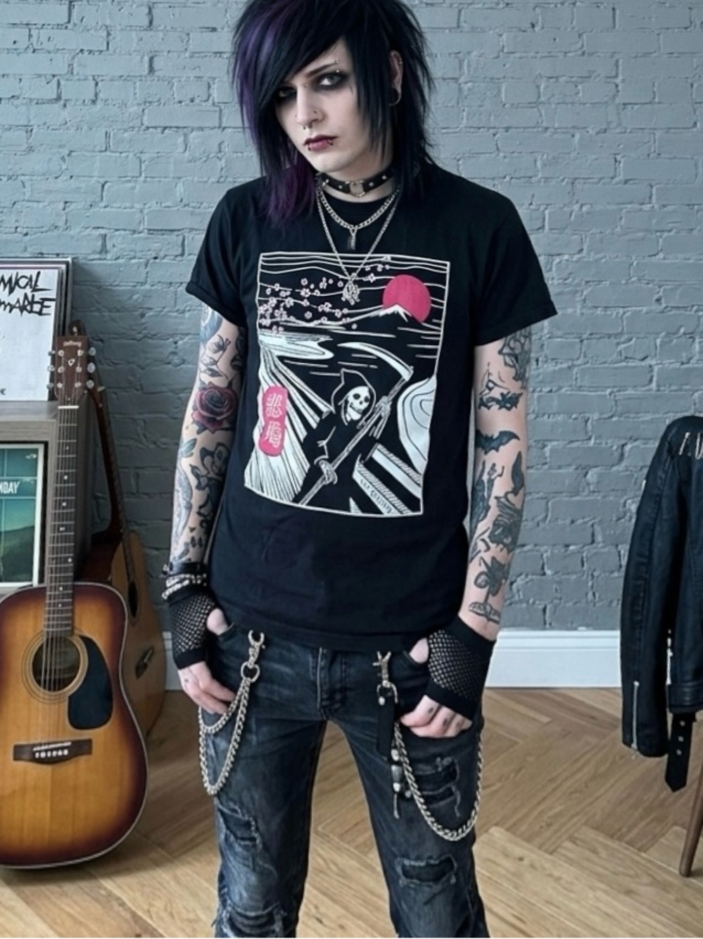 Riot Society Emo Black Asian Grim Reaper Graphic Short-Sleeve T-Shirt M